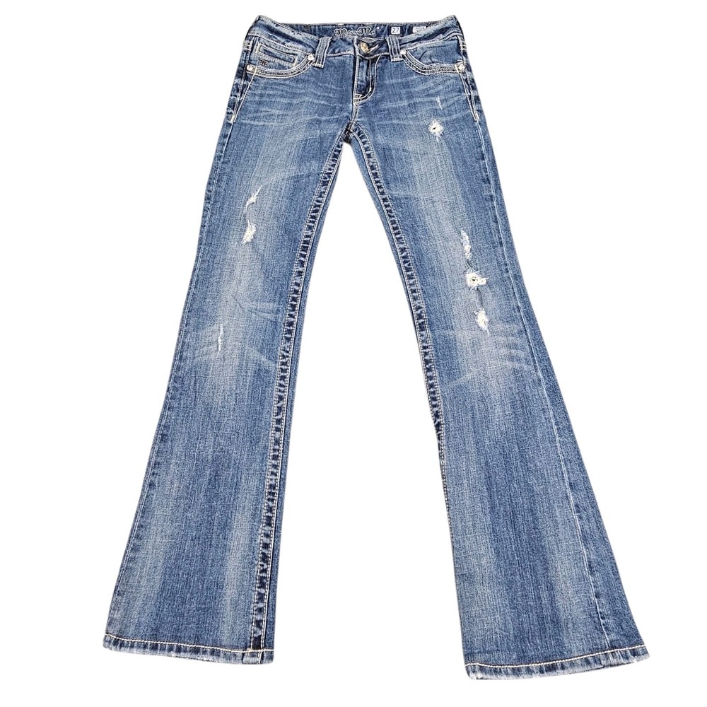 Miss Me Women's Boot Cut Jeans Size 27 Medium Wash Distressed Fleur De Lis READ - Picture 3 of 13